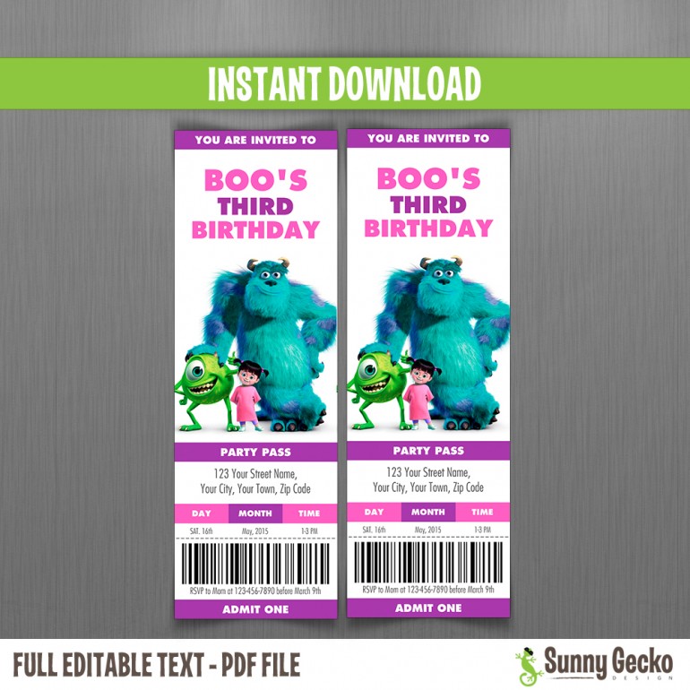 Monsters Inc. with Boo Birthday Ticket Invitations (Pink)